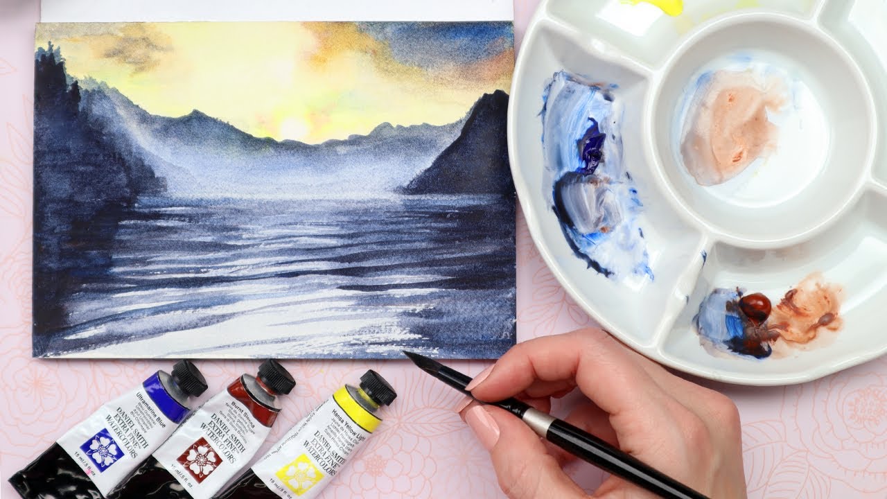Watercolor Mountain Lake Sunset Step by Step Painting Tutorial