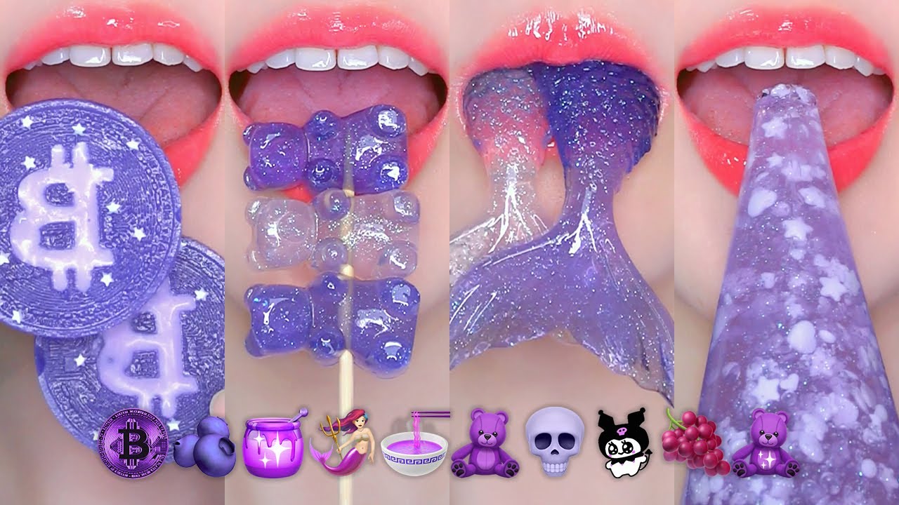 ASMR PURPLE DESSERTS EMOJI FOOD 💜 보라색 디저트 이모지 먹방 TANGHULU, KOHAKUTO, JELLY EATING SOUNDS MUKBANG
