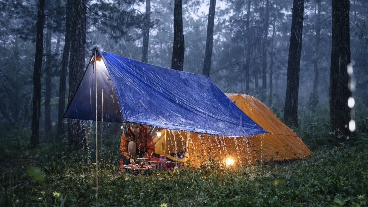 ENJOYING BAD WEATHER LIGHTNING STORMS AND VERY HEAVY RAIN ⛈️STRUGGLE TO BUILD SHELTER