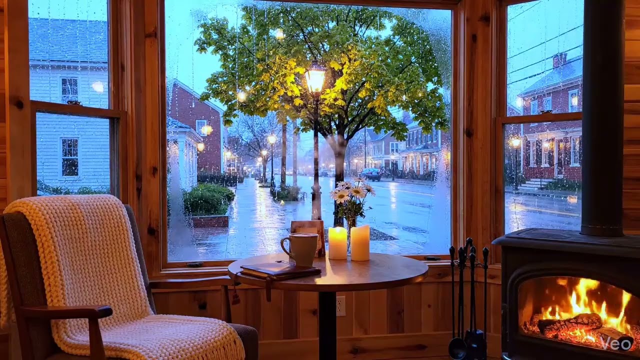Rain Outside, Warm Fire Inside ☕🔥 Cozy Cafe Ambience with Relaxing Jazz Piano 🌧️