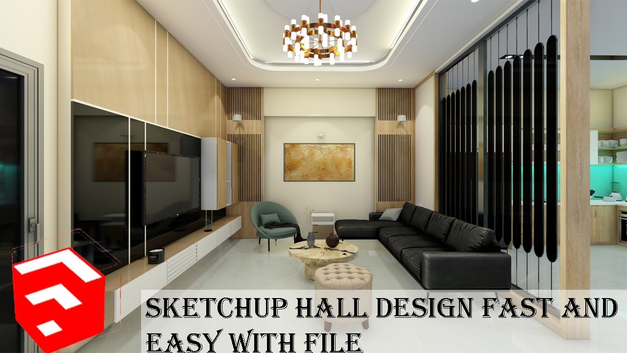 SKETCHUP LIVING ROOM OR HALL  INTERIOR DESIGN TUTORIAL  || ADVANCED SKETCHUP FAST AND EASY MODELLING