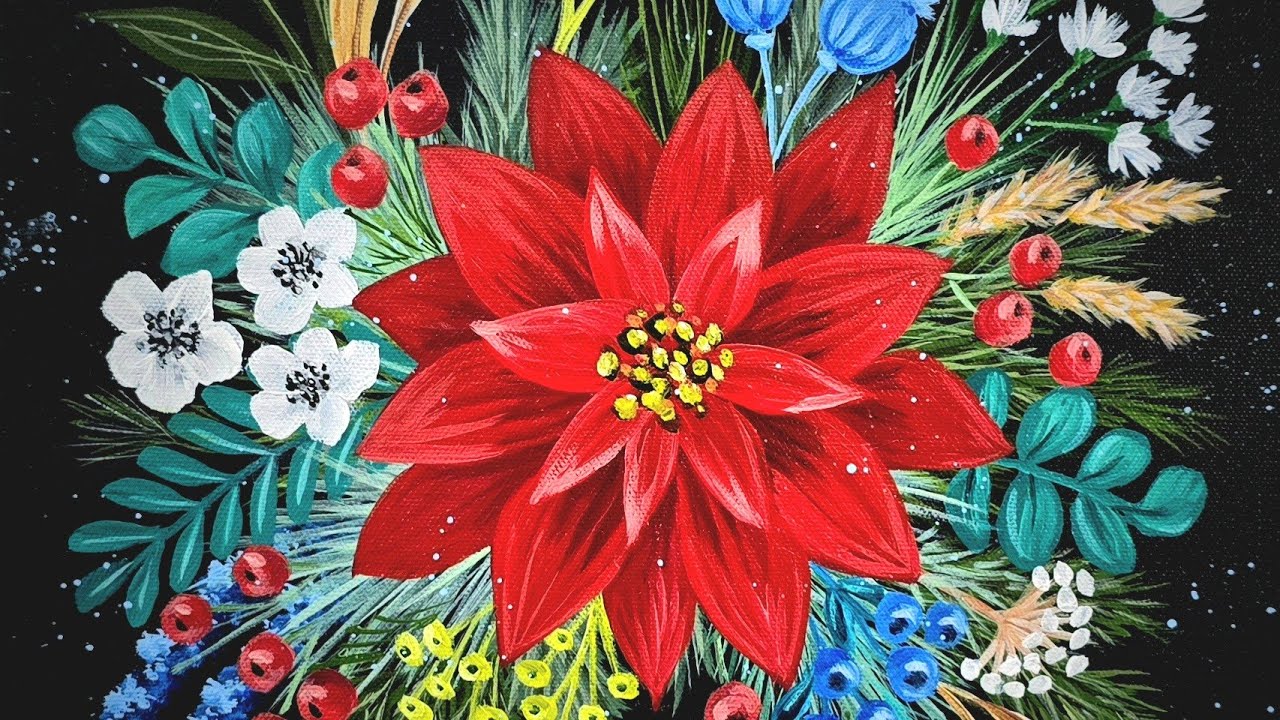 Modern Christmas Poinsettia Floral Acrylic Painting LIVE Tutorial