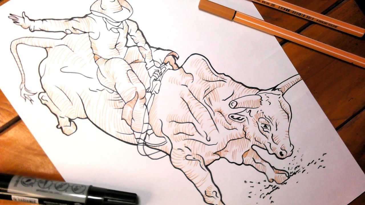 Vamos DESENHAR um Touro pulando com COWBOY montado