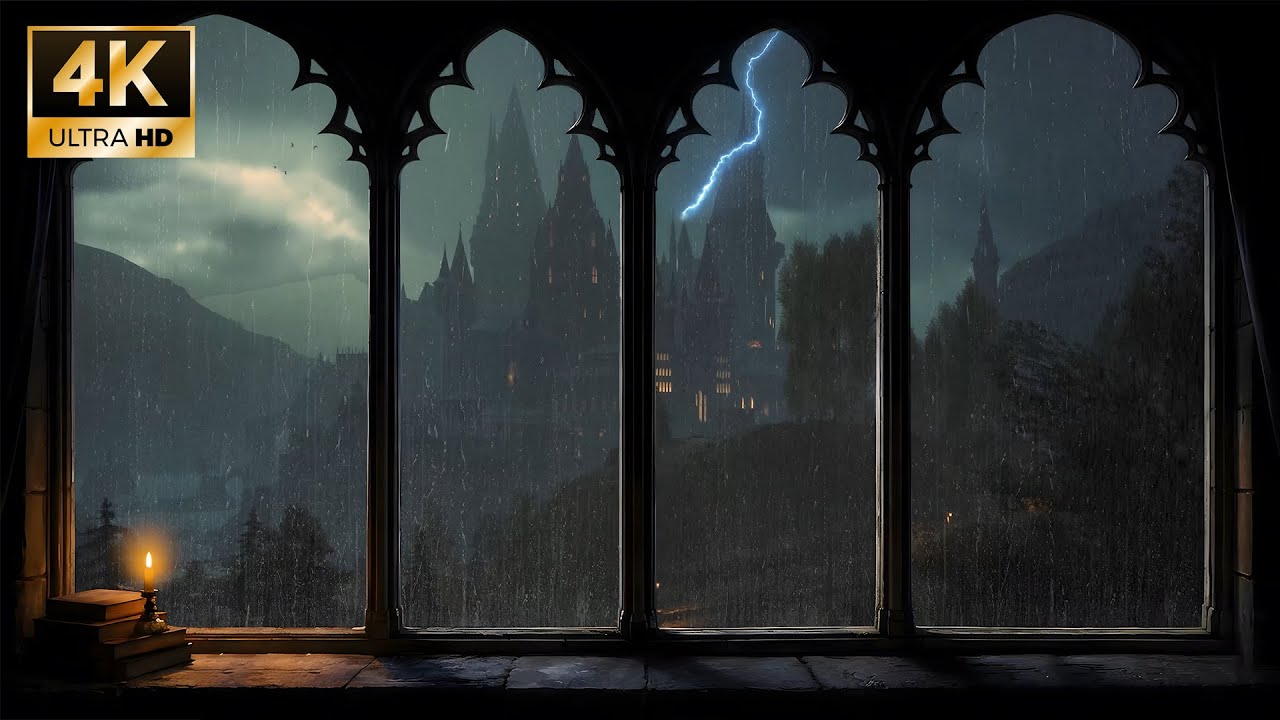 4K Window Hogwarts Rain and thunderStorms ⛈️ Window Harry Potter Ambience