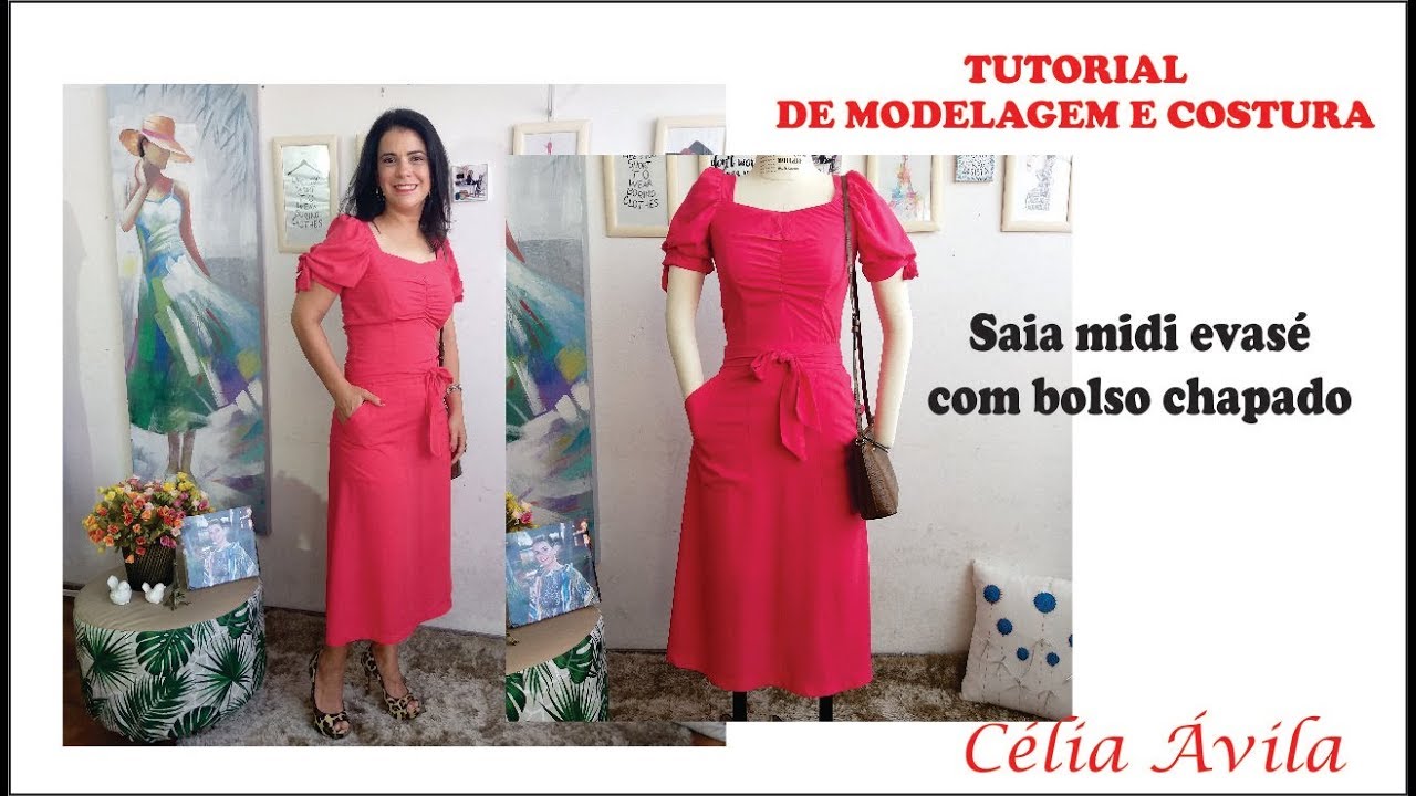 TUTORIAL DE COSTURA - SAIA EVASE COM BOLSO CHAPADO -  COM CÉLIA ÁVILA