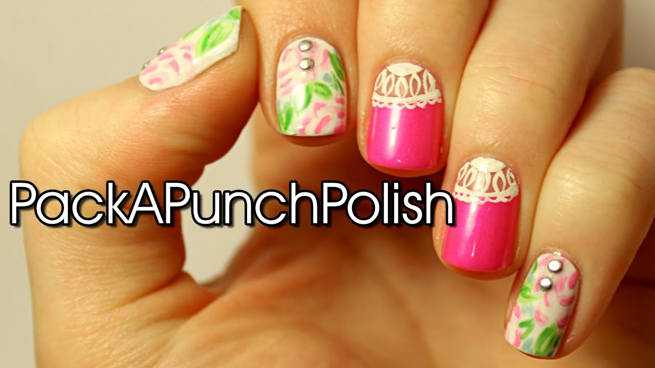 Watercolor Floral and Neon Pink and White Lace Nail Art Tutorial Inspired by Clothing from Deb Shops