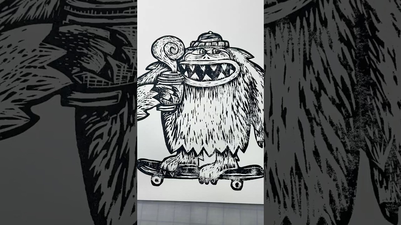super fast ASMR Art Process: Pressing a Cryptid Woodcut