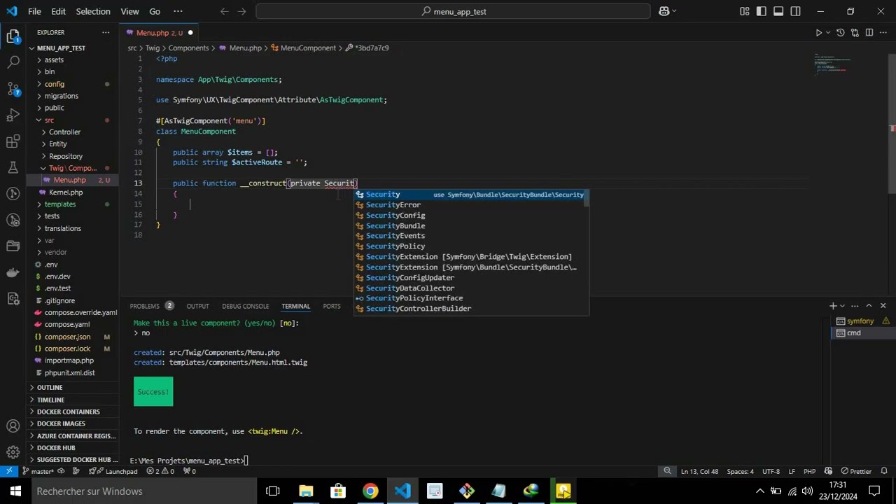 Creation du menu en symfony utilisant twig-component