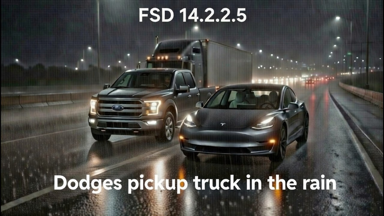 FSD 14.2.2.5 Под дождем... FSD едва избегает столкновения с грузовиком!!!