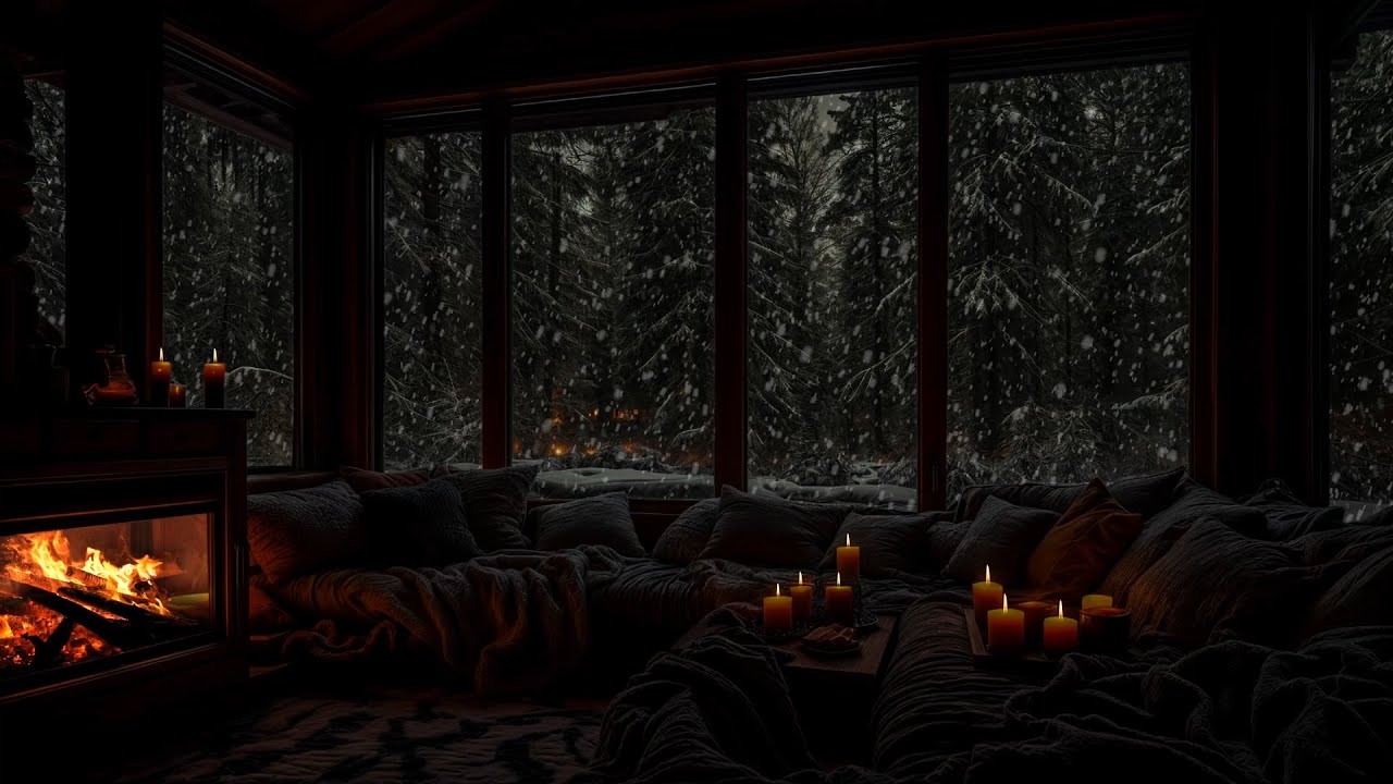 No Ads- Snowy Night in a Mountain Cabin 🏔️🕯️ | Cozy Fire Sounds & Candlelight for Relaxation