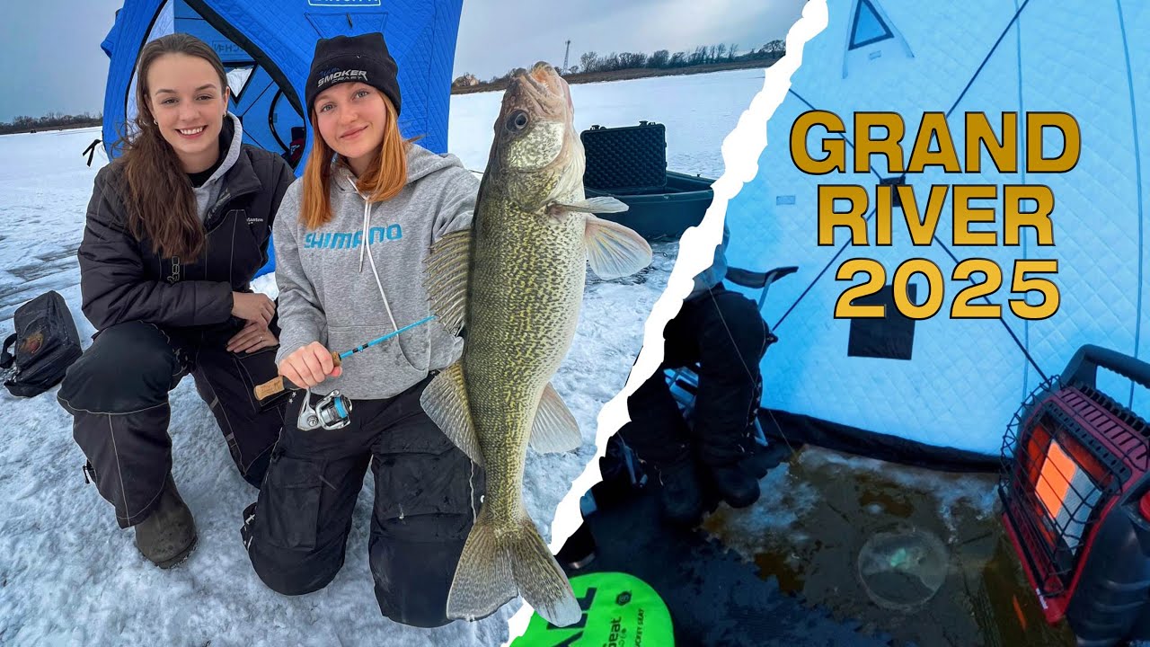 Girls Whacking on Walleye  - Ice Fishing the Grand River 2025 