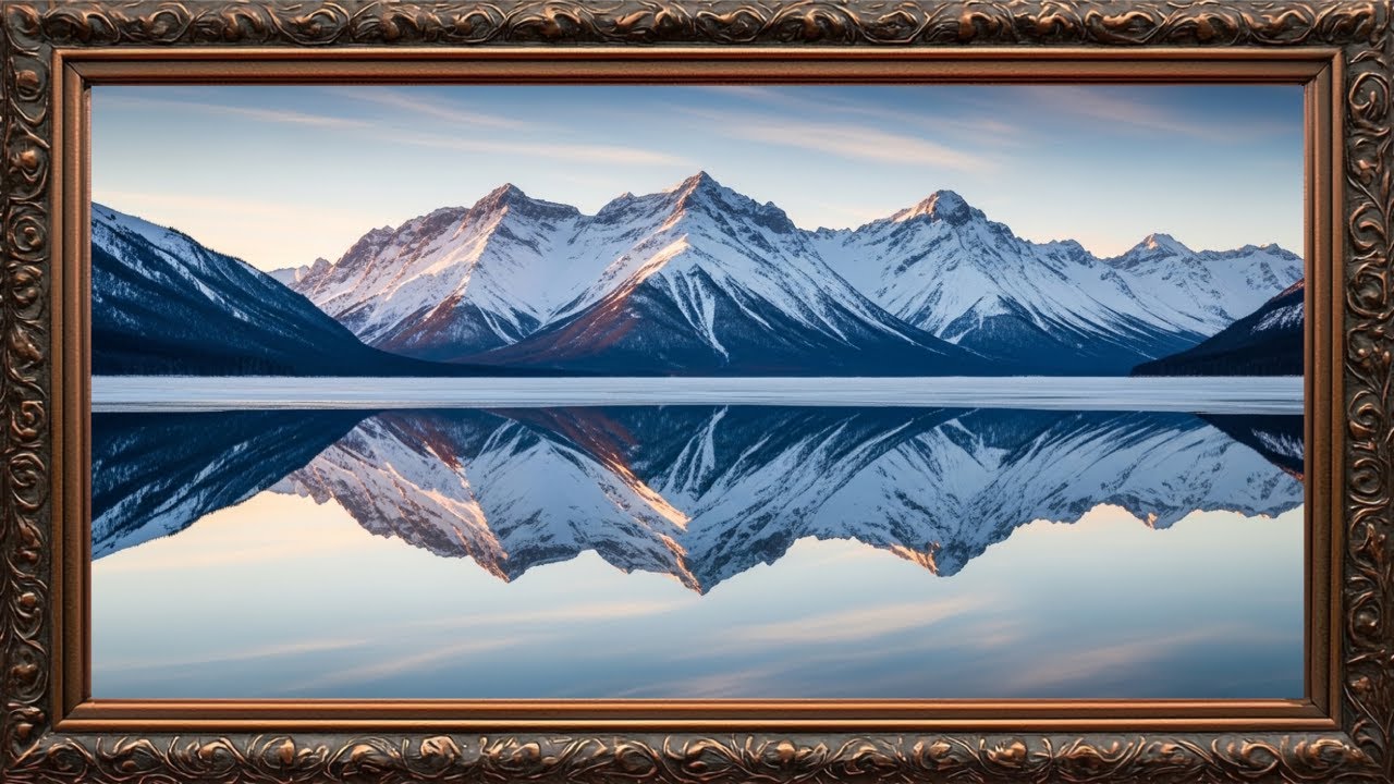 Snowy Mountain Reflections, Serene Winter Landscape | Gold Framed TV Art Screensaver
