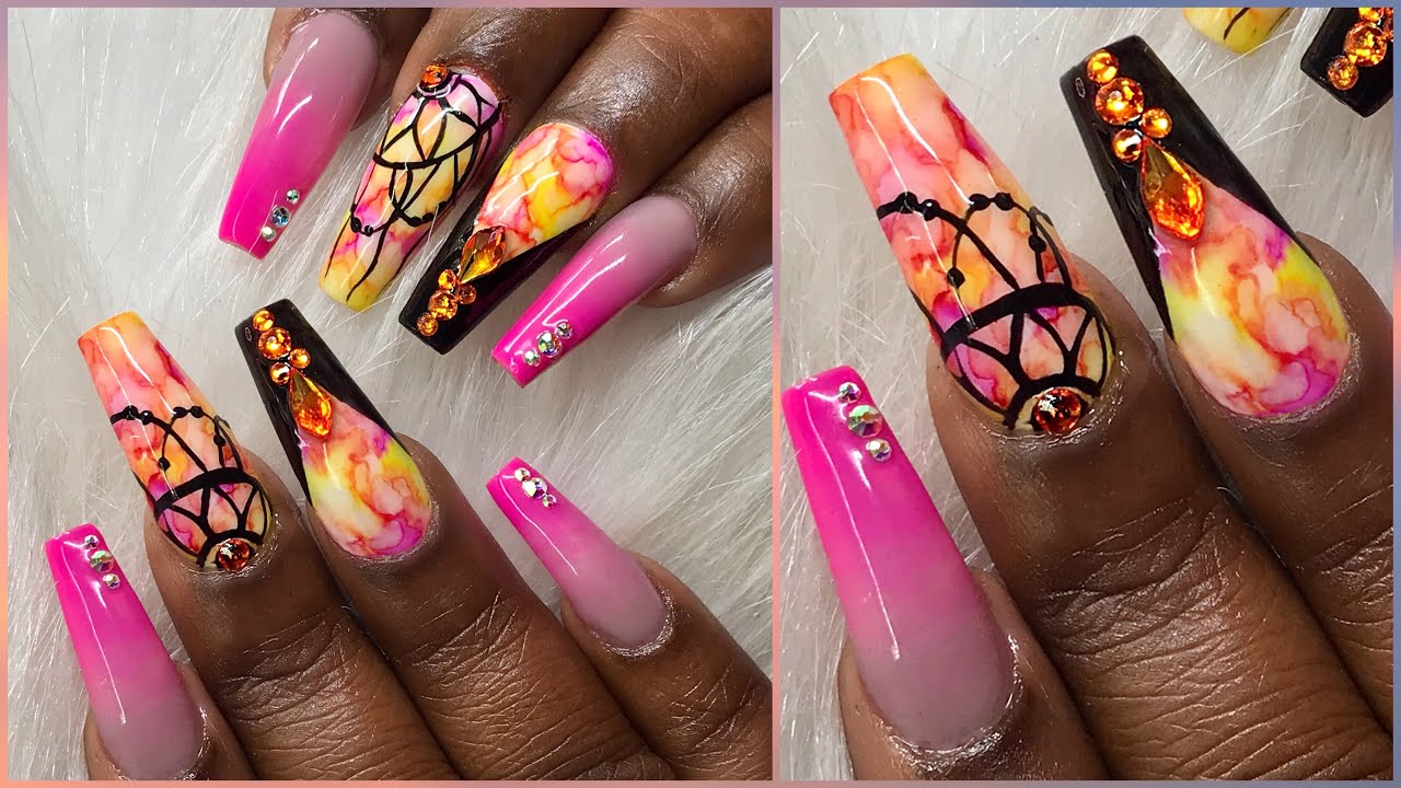 Bright Sexy Alcohol Ink Marble on Apres Coffin Gel-X Tips