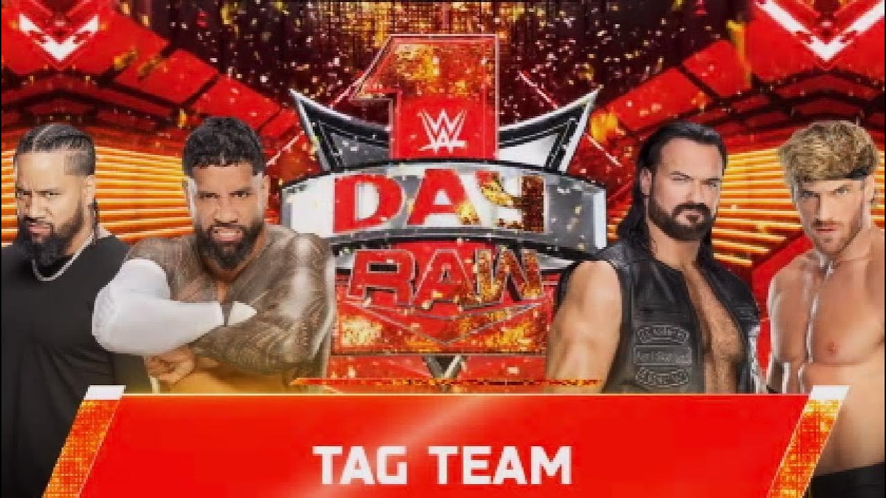 Jey & Jimmy Uso Vs Logan Paul & Drew McIntyre Monday night RAW WWE wrestling