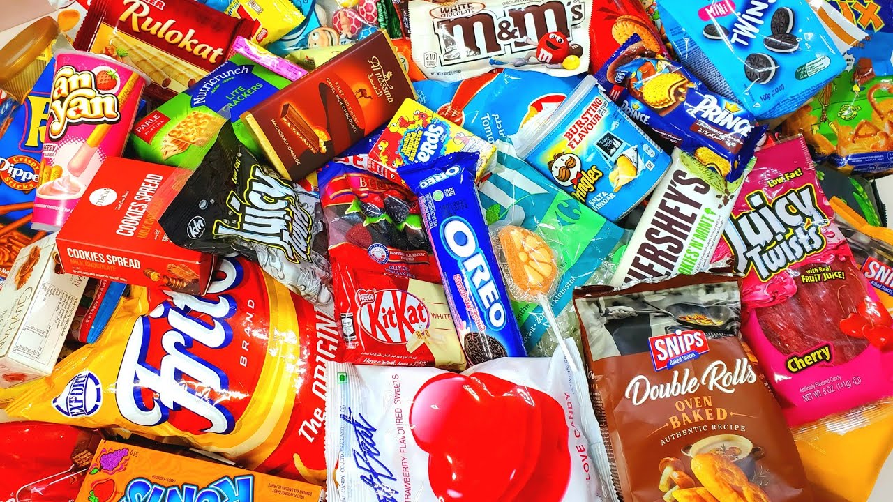 New 101 Yummy Snack Opening Pringles potato chips candy Fritos M&M's Hershey&rsquo;s  chocolate bar