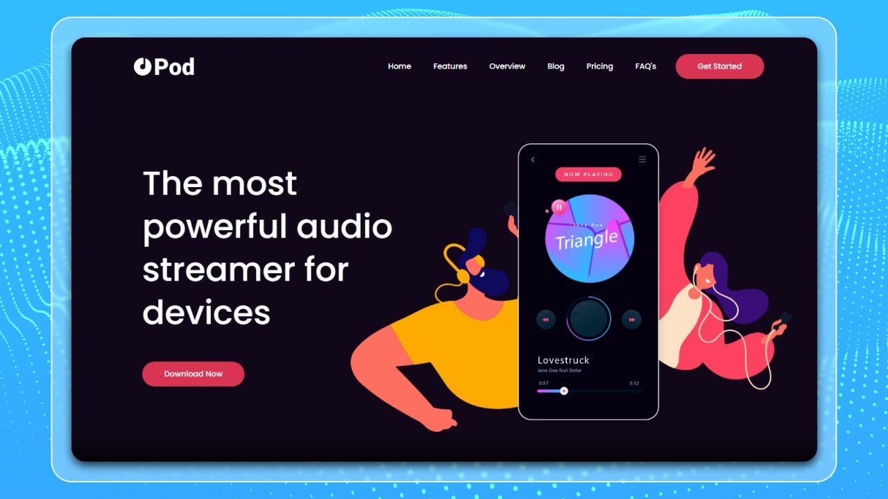 Audio stream app landing page using HTML CSS JS