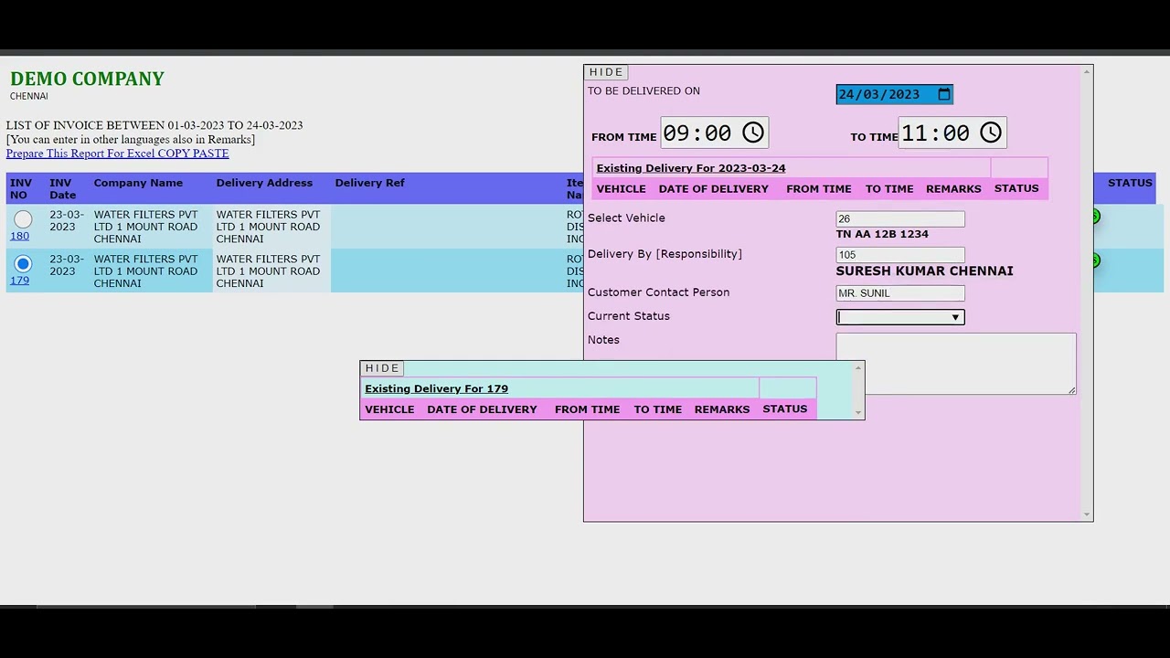 DELIVERY MANAGEMENT - SCHEDULE OWN TRANSPORT - FOR INVOICE MATERIAL