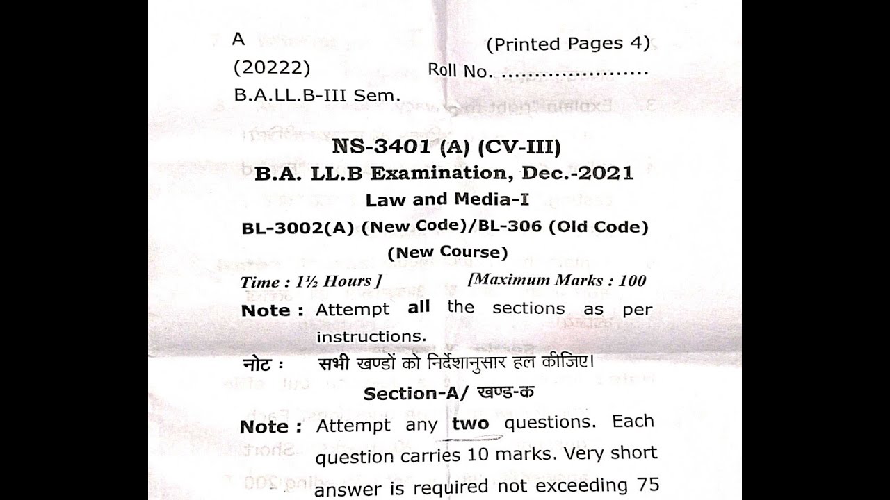 Question Paper of Law and Media 2022 BALLB/CCSU/BL-3002