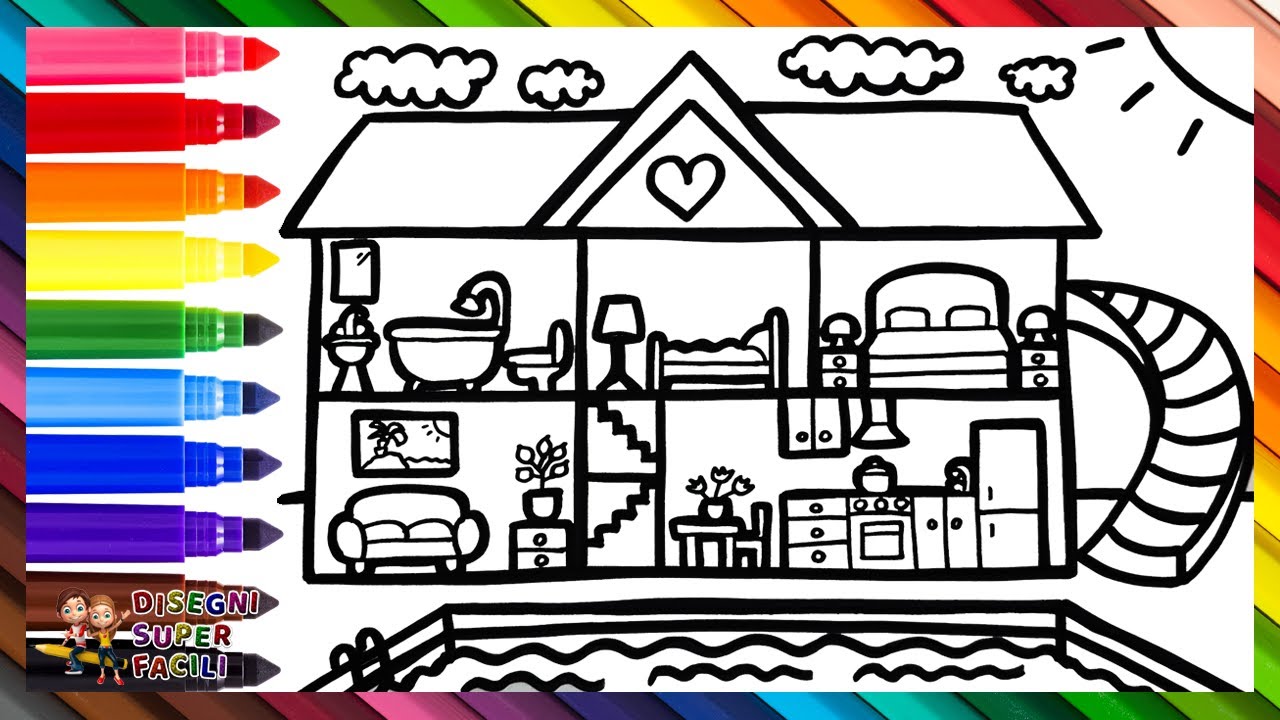 Disegna e Colora una Casa con una Piscina 🏡👙🌊🏊🌞🌈 Disegni per Bambini