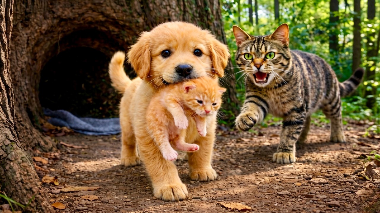 Мой щенок золотистого ретривера 🐕 украл нашего котёнка — и тут появилась мама-кошка! 🐱❤️