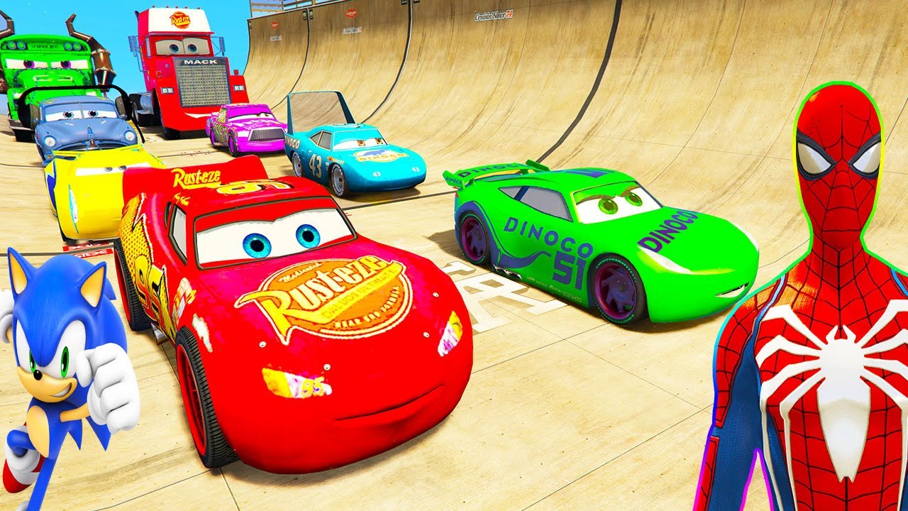 SPIDERMAN Vs HULK McQueen CARS Mega MULTI SEA Ramp Challenge ! SUPERHERO Mack Truck Race  - GTA V