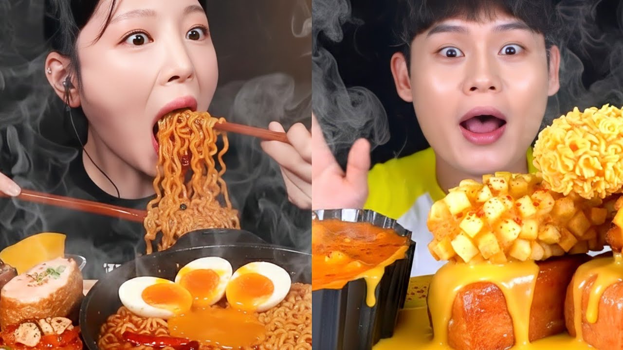 ASMR EATING SPICY NOODLES AND CHEESY TTEOKBOKKI | MUKBANG