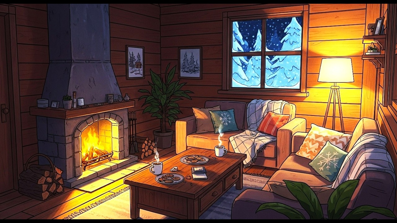 The warmth of a fireplace in a house during a snowstorm