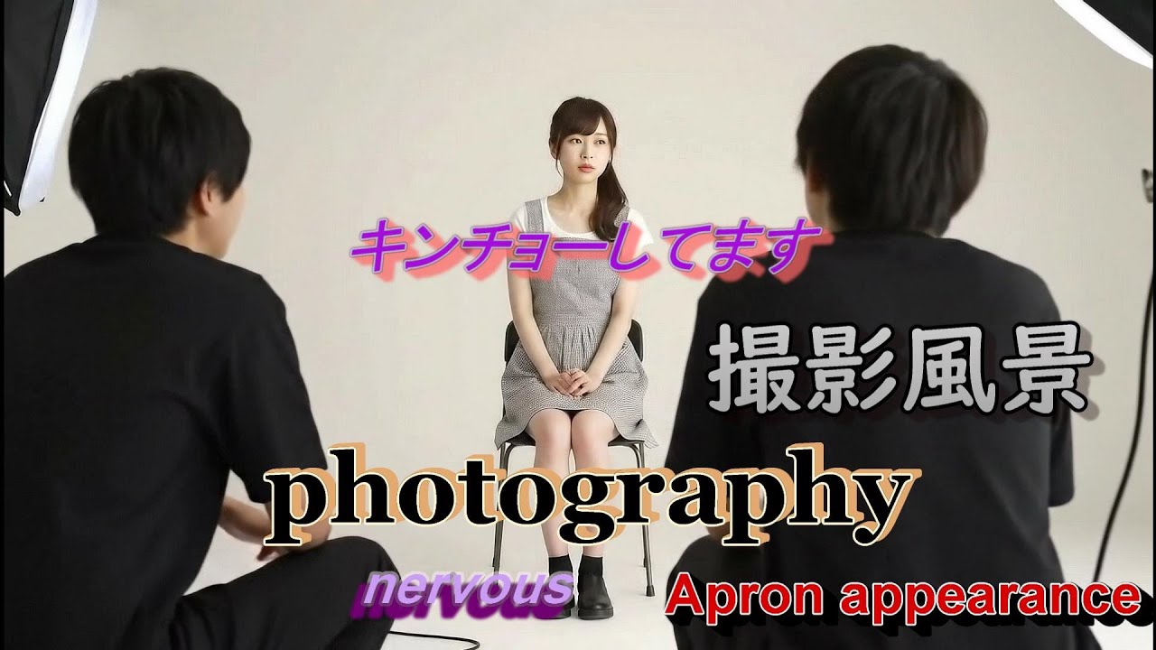 緊張しながら撮影。A nervous model wearing an apron. Shooting scenery.