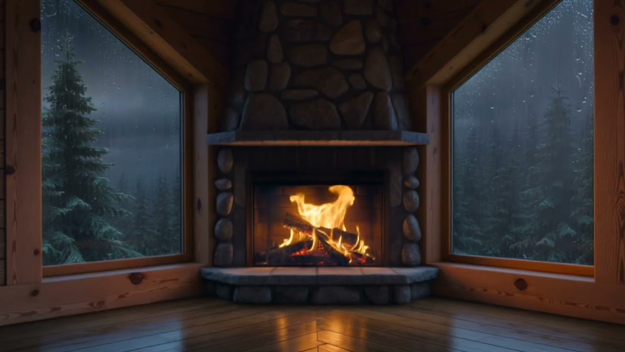 Rain, Fireplace & Piano — Cozy Night Relaxation