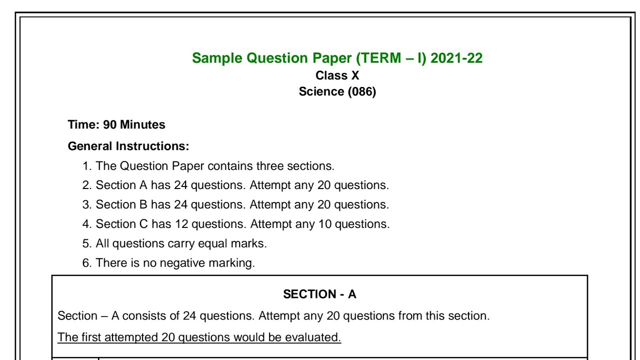 Science Class 10 Official Sample Paper for Term 1 (2021-22)