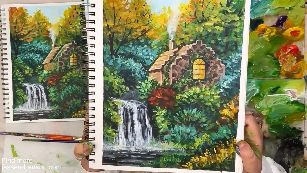 How to Draw a Cabin | Waterfall Cottage | Acrylic Painting Tutorial