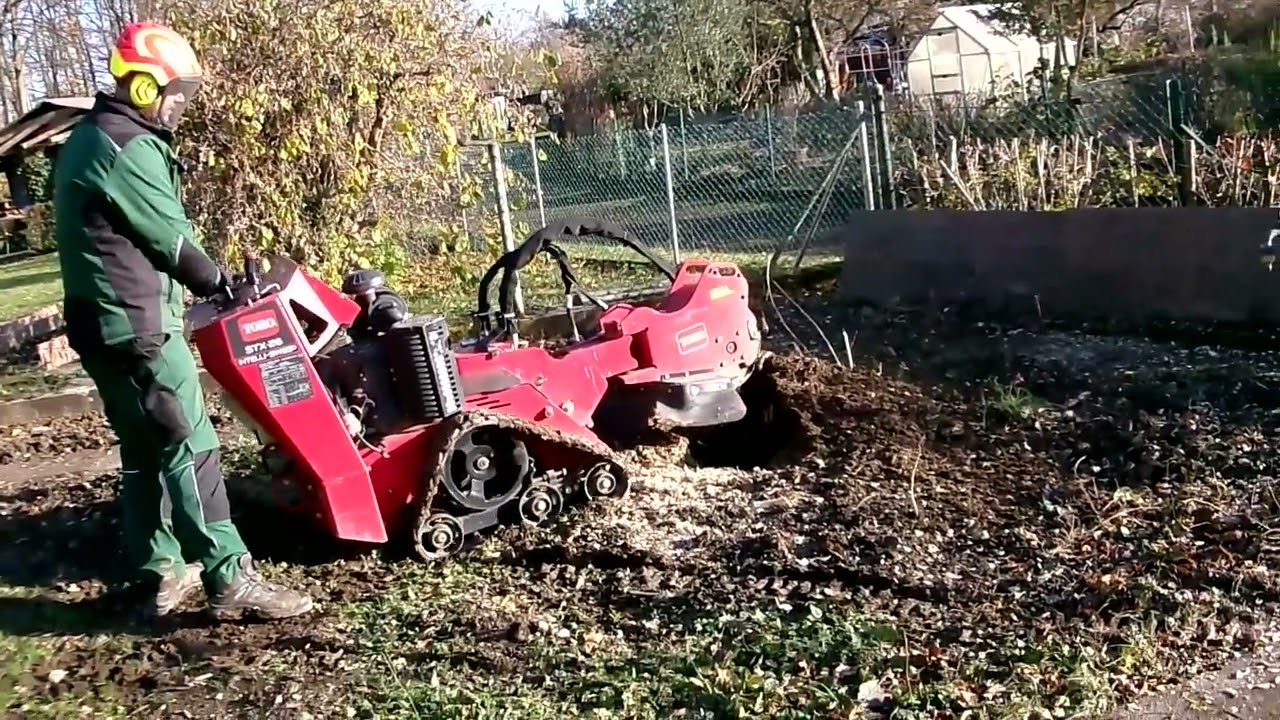 Baumstumpf Apfelbaum schnell und einfach ausfräsen mit der Baumstumpffräse Toro STX-26 in Leverkusen