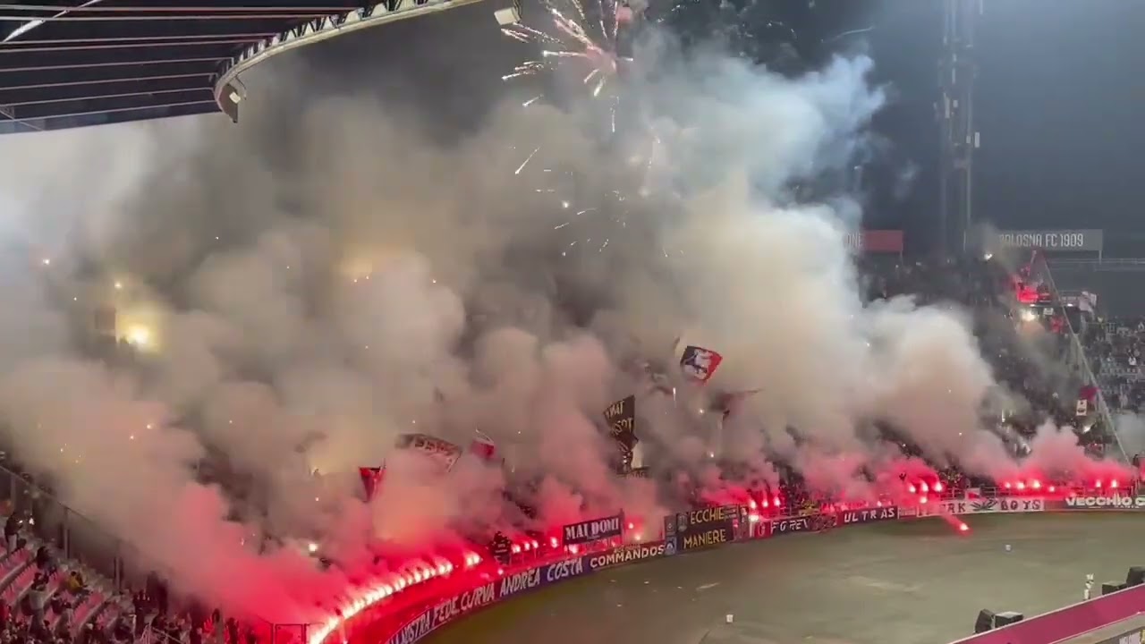 Coreografia della Curva Andrea Costa Bologna durante la partita contro il Brann