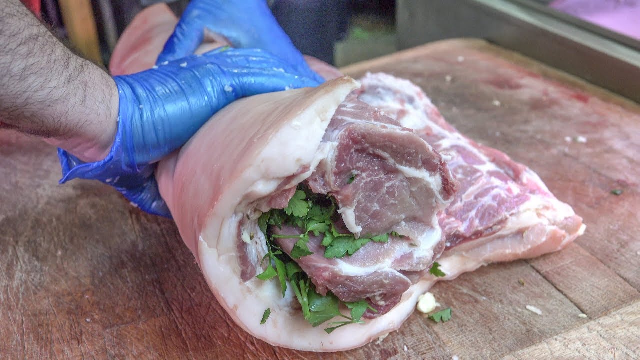 Stuffed Fat Pork Belly the Italian Way. Preparing 