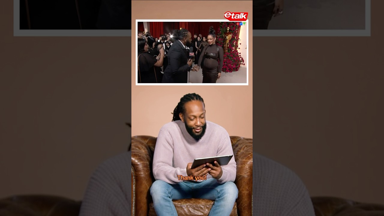 Reporter Tyrone Edwards reacts to his interview with #Rihanna at the #Oscars