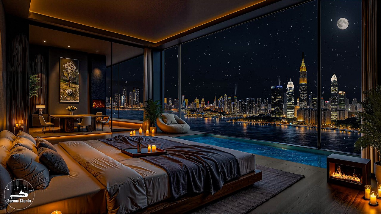 February Jazz To Relieve Stress - Mellow Jazz In A Luxury Bedroom With A View Of The City At Night