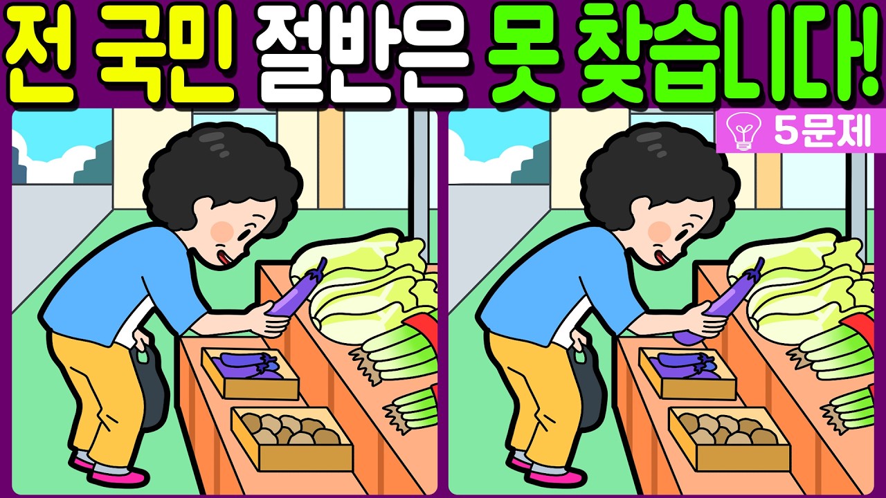 【다른그림찾기/치매예방】전 국민 절반은 못 찾는 차이점 3가지!【 find difference / 두뇌운동/3개 찾기/5문제/#1203】