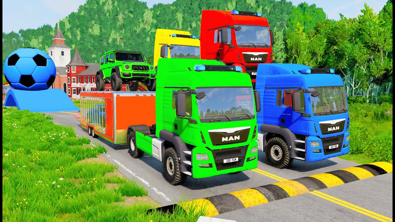 Double Flatbed Trailer Truck vs Speedbumps Train vs Cars | Tractor vs Train Beamng.Drive 001