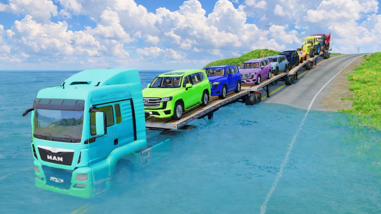 Triple Flatbed Trailer McQueen Transportation with Truck - Speedbumps vs Cars vs Train - BeamNG #15