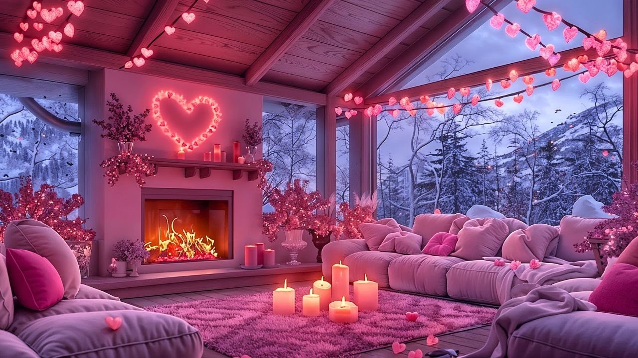 💘 Pink Valentine Snow Porch 💕 Cozy Jazz & Fireplace Sounds That Melt Stress Instantly For Sweet LoVe