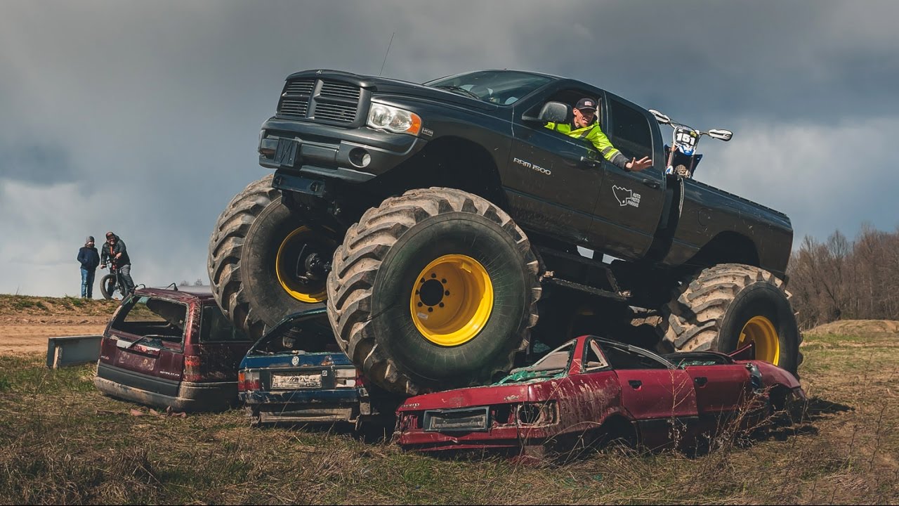 Monster Truck goes through the cars and off road