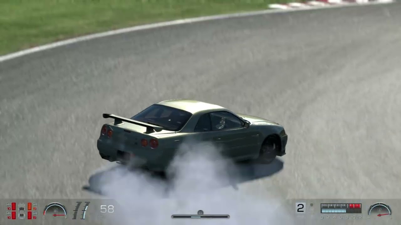 Nissan Skyline GT-R R34 (R28 sound) no Drift em Tsukuba Circuit (GT6)