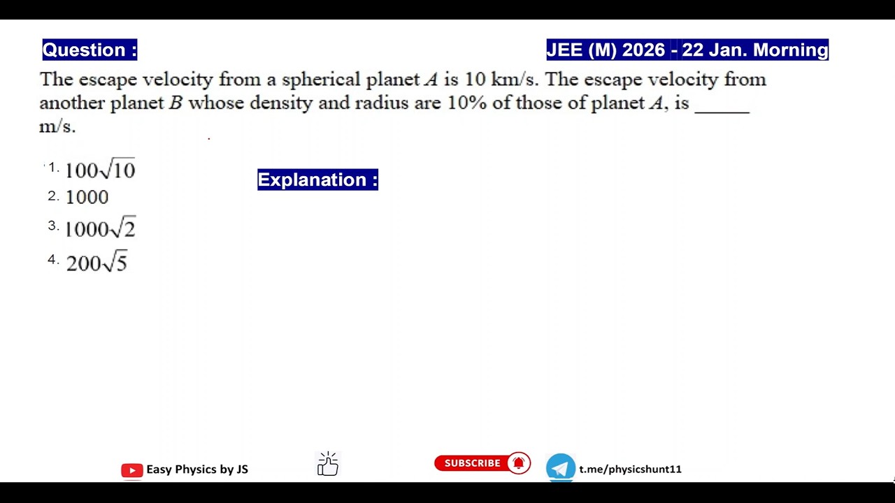 Escape Velocity Conceptual Question I Gravitation I PYQ I JEE(M) 2026 (22 Jan Mor.)