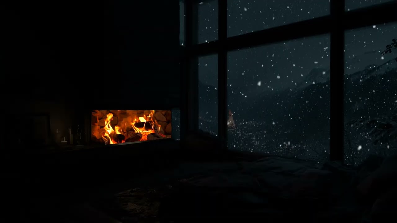 Fireplace Night Cabin Ambience  Heavy Snowfall, Warm Lights & Fireplace Sounds for Deep Sleep