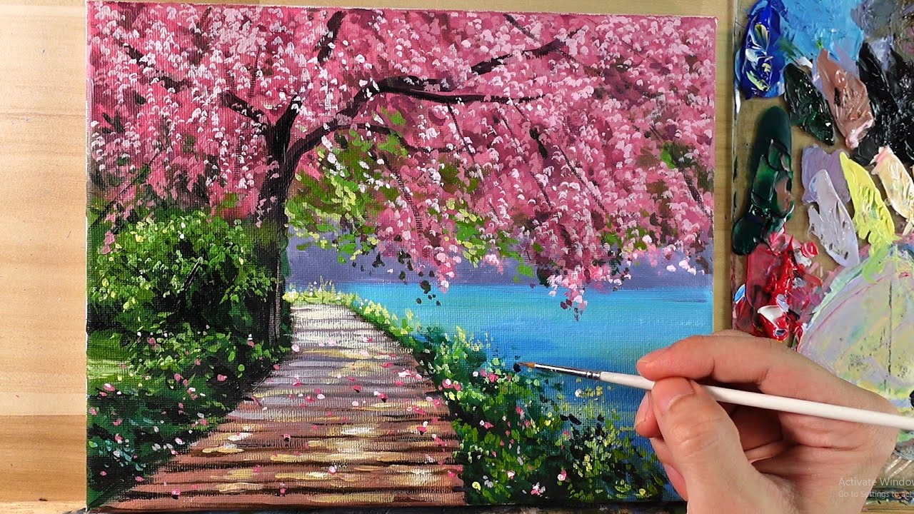 How to Paint Cherry Blossom Tree Landscape / Acrylic Painting / Correa Art