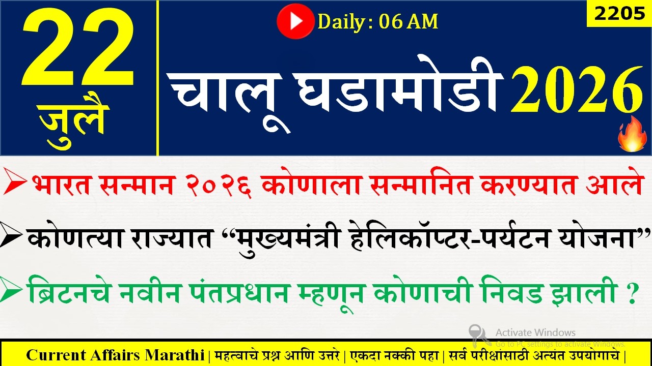 22 July 2026 | Daily Current Affairs 2026 | Current Affairs Today |Chalu Ghadamodi 2026 |Suhas Bhise