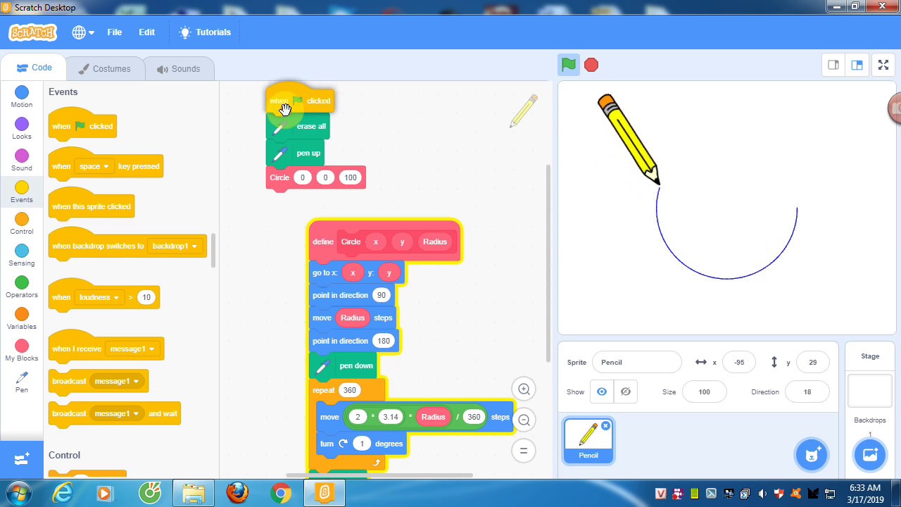 How to draw the center and radius circle in Scratch