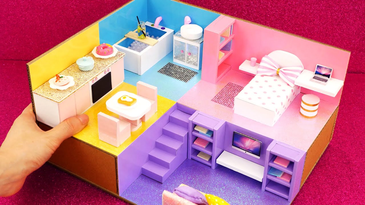 DIY Miniature Cardboard House #34  rainbow bathroom, kitchen, bedroom, living room for a family