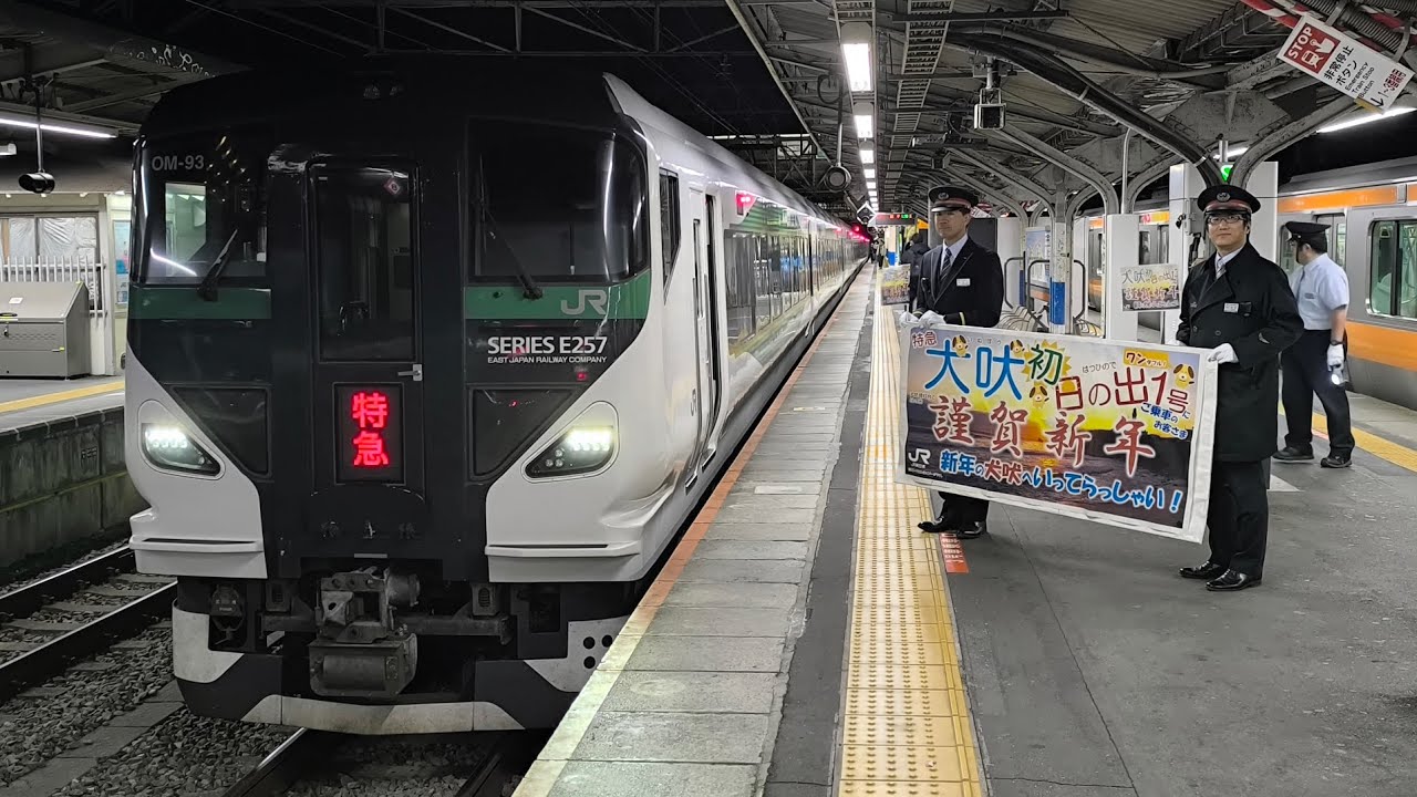 [発車メロディ6コーラス突入！深夜に鳴り響くMHあり！]臨特9201M E257系 OM-93編成 臨時特急犬吠初日の出1号銚子行がMHを鳴らして高尾駅2番線を発車するシーン