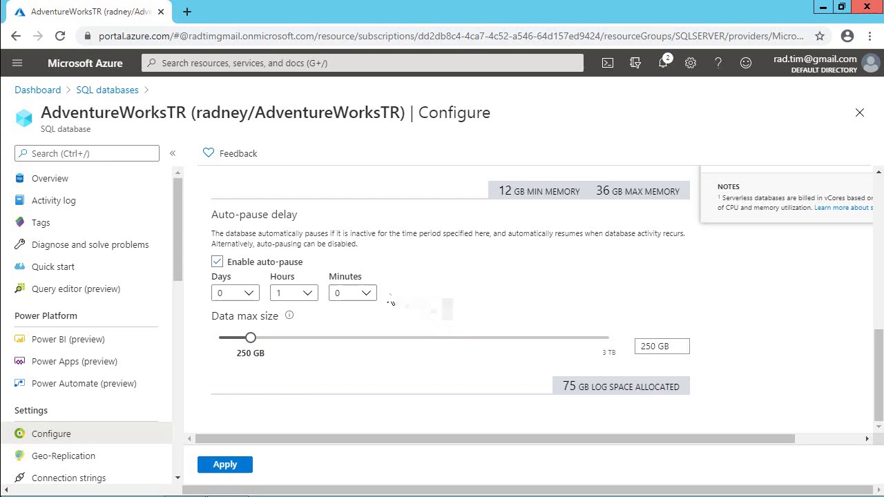 Azure SQL Database Servless Tier